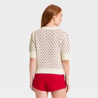 Women's Elbow Sleeve Hearts Crewneck Pullover Sweater L