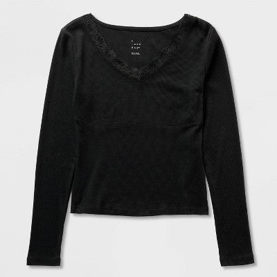 Women's Lace Trim V-Neck Ribbed Top - A New Day Black S
