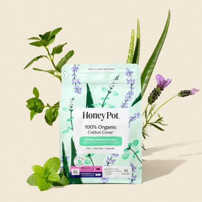 Honey Pot 100% Organic Cotton Cover Cooling Regular Overnight Duo Pads - 16 ct