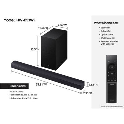 Samsung 2.1Ch DTS Virtual:X Soundbar with Subwoofer (HW-B53WF): HDMI ARC, Bluetooth, Wall Mountable (LOCAL PICKUP ONLY)