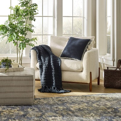 Raised Striped Chunky Knit Throw Blanket Navy - Threshold designed with Studio McGee: Midweight Polyester, 50x60", Tassels