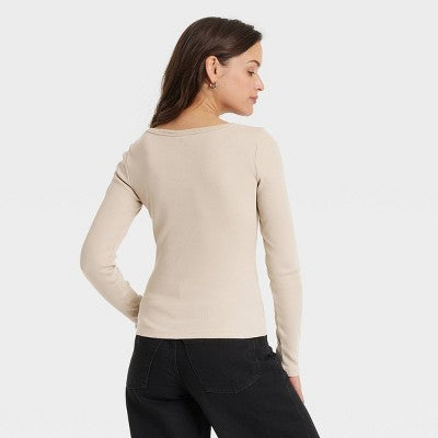 Women's Long Sleeve Rib Scoop Neck Universal Thread Beige S