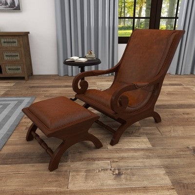 Traditional Teak Wood Accent Chair with Arms and Ottoman Brown - Olivia & May: Leather Upholstered, No Assembly Required (LOCAL PICKUP ONLY)