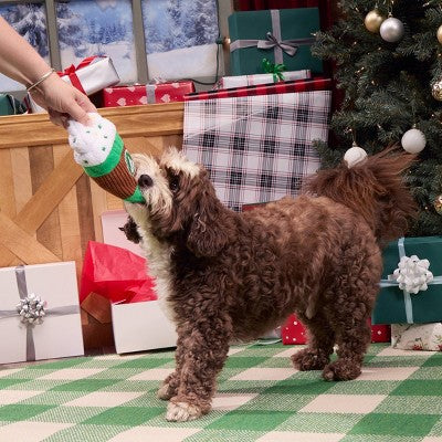 BARK Holiday Santa's Workchomp Jitter All the Way Latte Dog Plush Toy