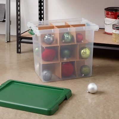 Medium Latching Clear Christmas Ornament Storage Box with Green Lid - Brightroom