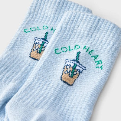Women's "Cold Heart" Iced Coffee Cushioned Ribbed 2pk Mid Crew Socks - Blue/White 4-10