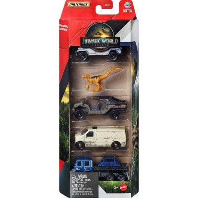 Matchbox Jurassic World Rebirth 5pk 1:64 Scale Die-Cast Toy Cars with 1 Dinosaur (Styles May Vary)
