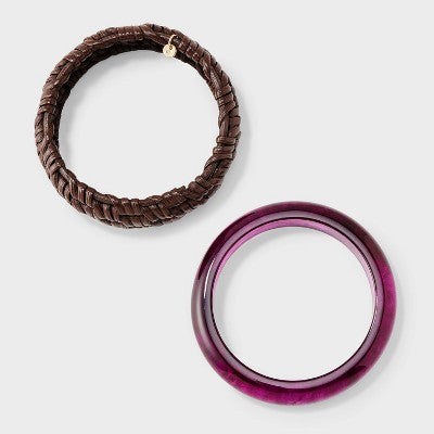 Woven Rattan and Marbleized Bangle Bracelet Set 2ct - A New Day Brown/Purple