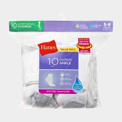 Hanes Women's Cushioned 10pk Ankle Socks - White 5-9: Midweight Knit, Banded Cuff, Stretch Fabric