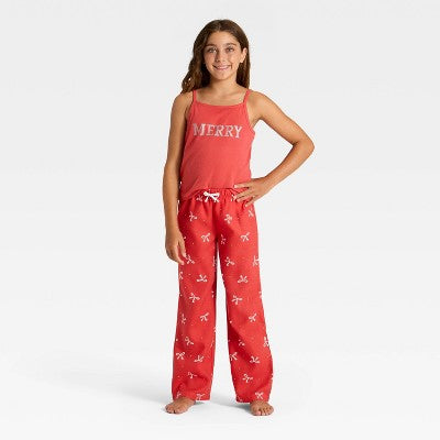 Girls' 2pc Merry Bows Christmas Tank Top Pants Pajama Set - Red S