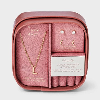 Brass Polished Letter "L" Charm Necklace & Cubic Zirconia Stud Earrings 3pc Set - A New Day Gold