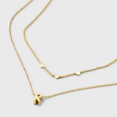 14kt Gold Dipped Hearts "R" Initial Multi-Strand Necklace - A New Day Gold