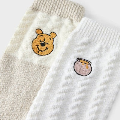 Women's 2pk Winnie The Pooh Pop-Up Storybook Supersoft Embroidered Crew Socks - Ivory/Oatmeal Heather 4-10