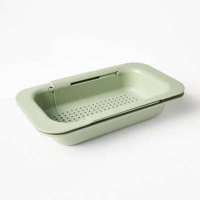 Plastic Narrow Over the Sink Expandable Colander with Soaking Tray Green - Figmint