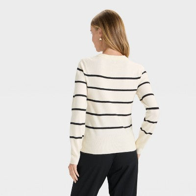 Women's Slim Fit Cozy Knit Pullover Sweater - A New Day Cream/Black Striped L