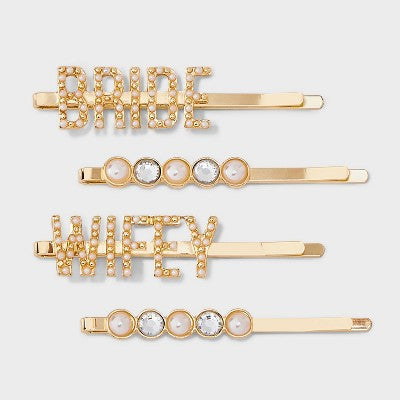 Bride and "Wifey" Pearl and Rhinestone Hair Clip Set 4pc - Gold