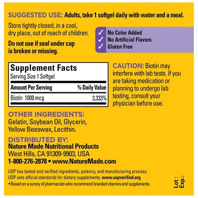 Nature Made Biotin 1000 mcg Softgels - 120ct: Gluten-Free, No Artificial Flavors, Colors or Preservatives
