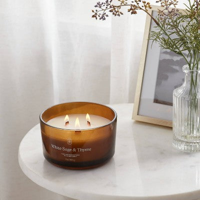 3-Wick Amber Glass Wooden Wick White Sage and Thyme Jar Candle 13oz - Threshold