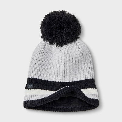 Boys' Striped Cuff Pom Beanie- All In Motion Heathered Gray One Size Fits Most