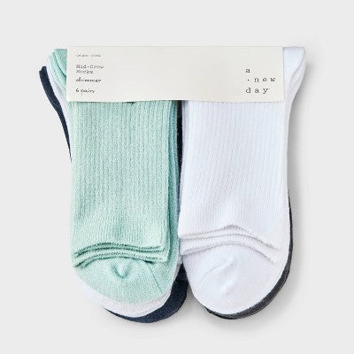 Women's Shimmer and Solid Fine Ribbed 6pk Crew Socks - A New Day Blue/Black/Ivory 4-10: Recycled Polyester, Tagless