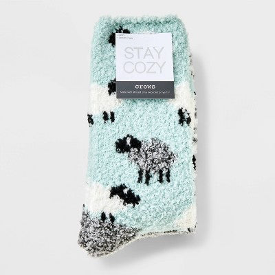 Women's Sheep 2pk Cozy Crew Socks - Aqua/Heather Gray 4-10