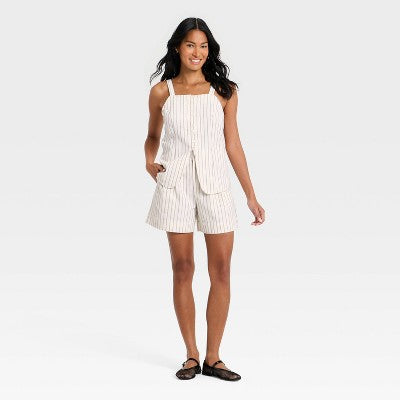 Women's Twill Pleated Shorts 5" - A New Day Cream Striped 0