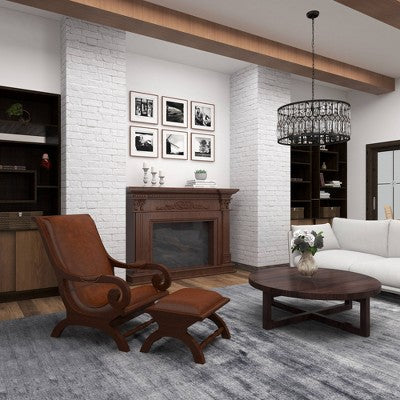 Traditional Teak Wood Accent Chair with Arms and Ottoman Brown - Olivia & May: Leather Upholstered, No Assembly Required (LOCAL PICKUP ONLY)