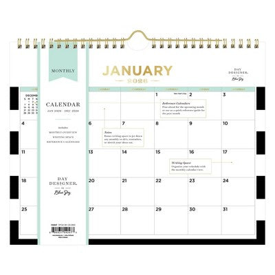 Blue Sky Day Designer 2026 Monthly Wall Calendar 11"x8.75" Black Rugby Stripe
