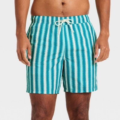Men's 7'' Patterned Swim Trunks - Goodfellow & Co Blue Stripe XXL
