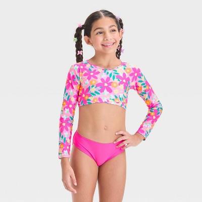 Girls' Floral Printed Rash Guard Bikini Set - Cat & Jack Pink XS