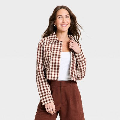 Women's Transitional Cropped Jacket - A New Day Brown Gingham M