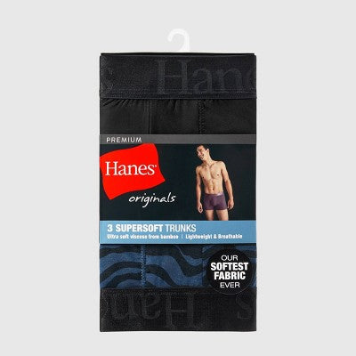 Hanes Originals Premium Men's SuperSoft Trunks 3pk - Blue/Black L: Lightweight, Tagless, Moisture Wicking, Stretch Knit Fabric