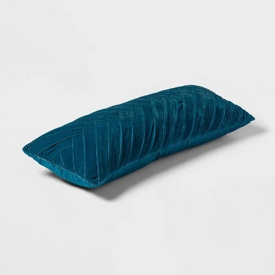 Oversized Oblong Pleated Velvet Decorative Throw Pillow Dark Teal Blue - Threshold: Indoor Rectangle Accent Pillow (LOCAL PICKUP ONLY)