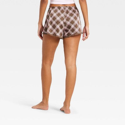 Women's Satin Boxer Pajama Shorts - Wild Fable Brown Plaid XXS