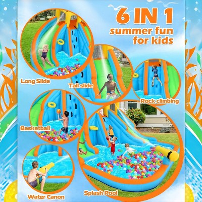 AS IS (slightly used) 141.3" x 126.4" x 81.9" 11-in-1 Inflatable Water Slide Park for Kid 3-12 w/2 Water Slides|550W Blower|5 Toys|Splash Pool|Climb Wall In/Outdoor (LOCAL PICKUP ONLY)