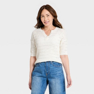 Women's Short Sleeve Button-Up Crewneck Pullover Sweater M