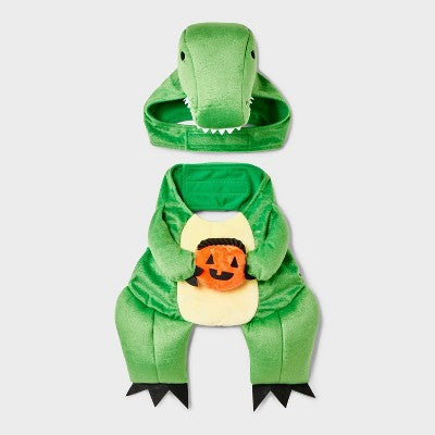 Dino with Pumpkin T-Rex Pail Dog Frontal Costume - Boots & Barkley Light Green XL