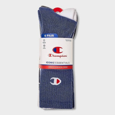 Champion Iconic Essentials Men's 6pk Cushion Crew Socks - Blue 6-12