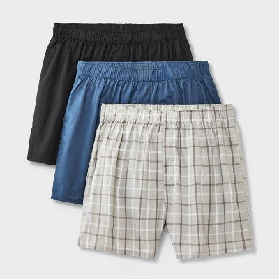 Men's Woven Boxers 3pk - Dealworthy Blue/Black S: Lightweight Cotton Blend, Mid Rise, Elastic Waistband, Machine Washable