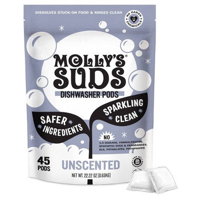 Molly's Suds Dishwasher Detergent Pods - Unscented - 45ct: Paraben-Free, Phosphate-Free, Vegan, Sanitizes