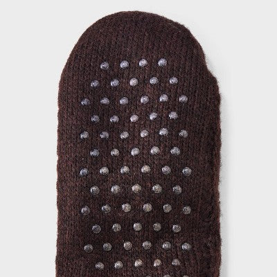 Women's Waffle Sweater Knit Reading Crew Socks with Faux Shearling Lining and Grippers - Auden Brown 4-10