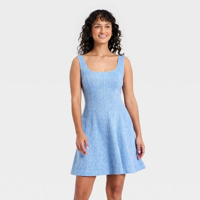 Women's Sleeveless Linen Mini A-Line Dress Universal Chambray XS
