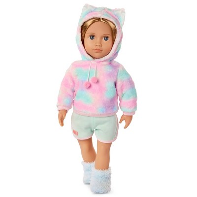 Our Generation Mandy 18" Doll in Pink and Colorful Hooded Pajama with Cat Ears