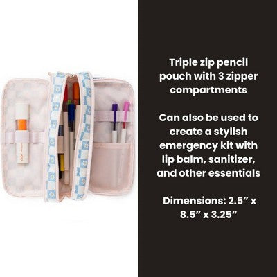Yoobi Triple Zip Pencil Pouch Pale Blue Daisy Checker