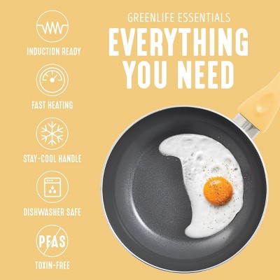 GreenLife Essentials 8" Ceramic Nonstick Aluminum Fry Pan Light Yellow: Dishwasher-Safe, Smooth Surface Induction Compatible