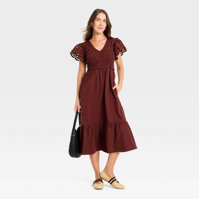 Women's Flutter Short Sleeve Smocked Midi A-Line Dress S