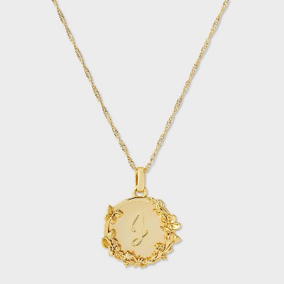 14k Gold Dipped Floral Etched Initial "J" Round Tag Pendant Necklace - A New Day Gold