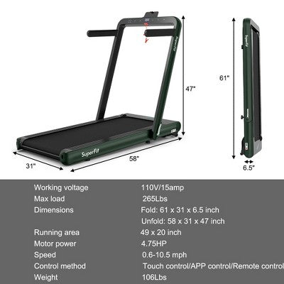 SuperFit 4.75HP 2 In 1 Folding Home Treadmill with Remote APP Control (LOCAL PICKUP ONLY)