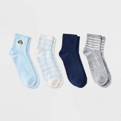 Women's Lettuce Edge Embroidered Croissant & Gingham Check 4pk Ribbed Ankle Socks - Blue/Heather Gray/Navy 4-10