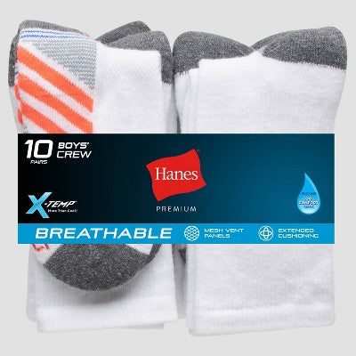 Hanes Boys' 10pk Premium Crew Socks - White M: Cushioned Heel, Ventilating Mesh, Moisture Wicking